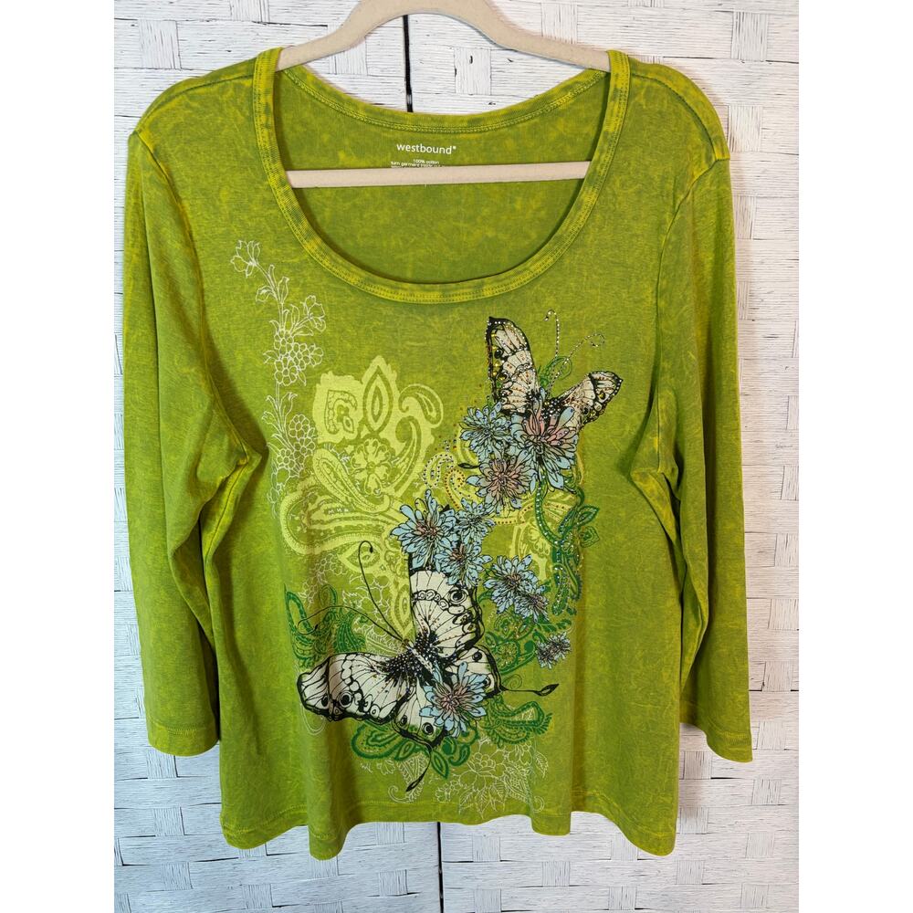 westbound Woman's T-Shirt 3/4 sleeve‎ stonewash green butterflies rhinestones